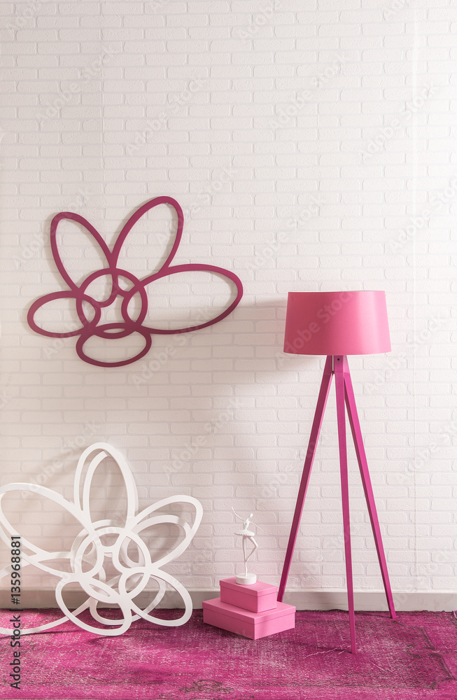 pink objects lamp and icons with brick wall concept, decorative interior style