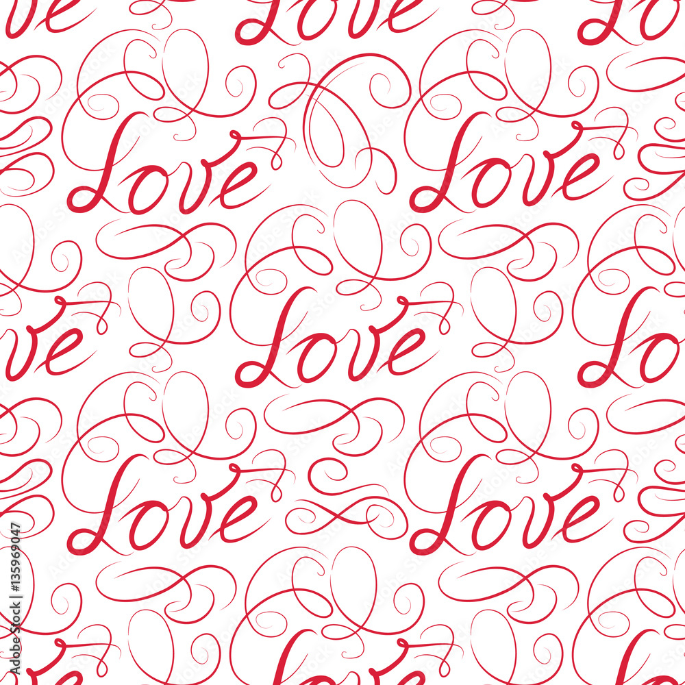 Love seamless pattern. Doodle ornamental calligraphic vignette background