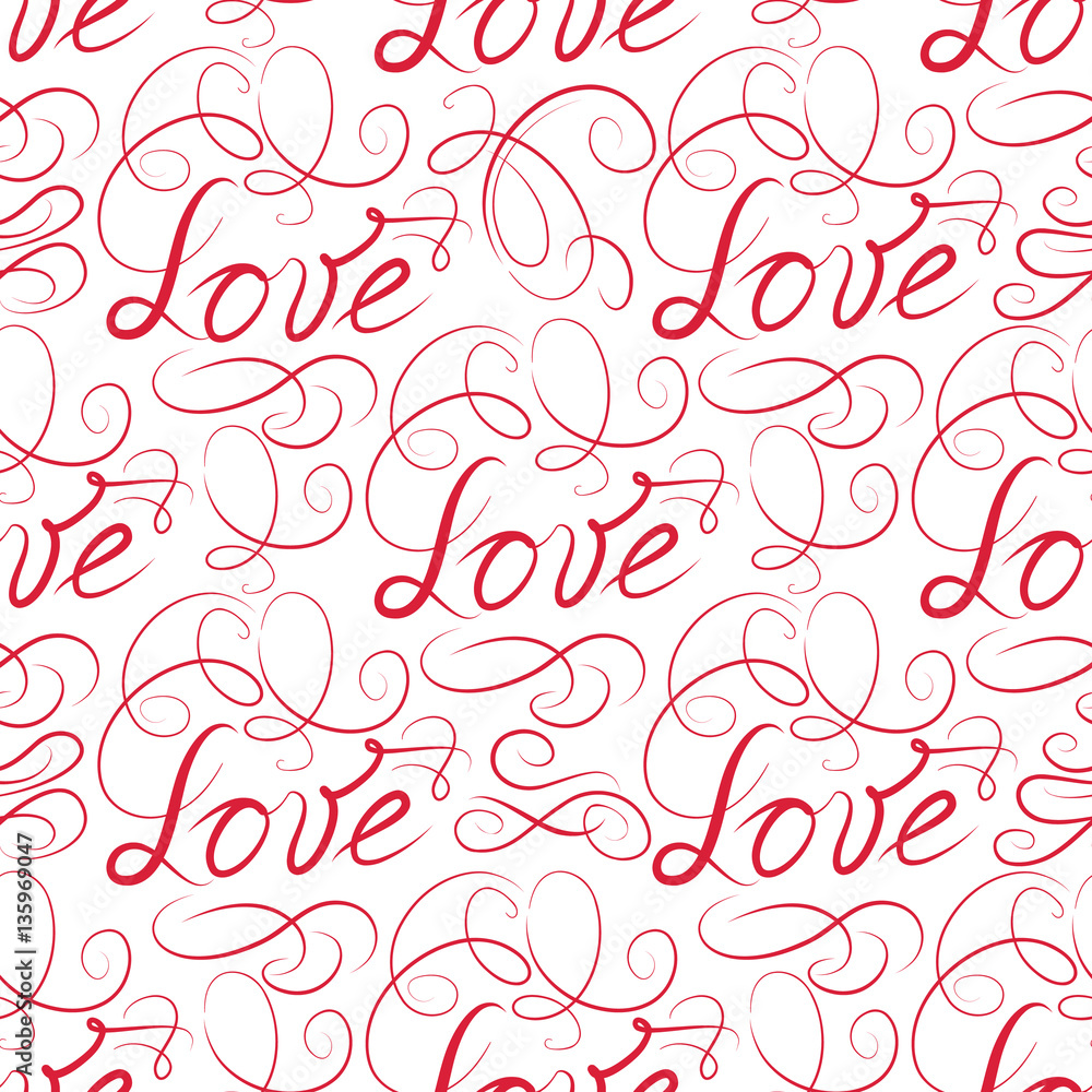 Love seamless pattern. Doodle ornamental calligraphic vignette background Love seamless pattern. Doodle ornamental calligraphic vignette background