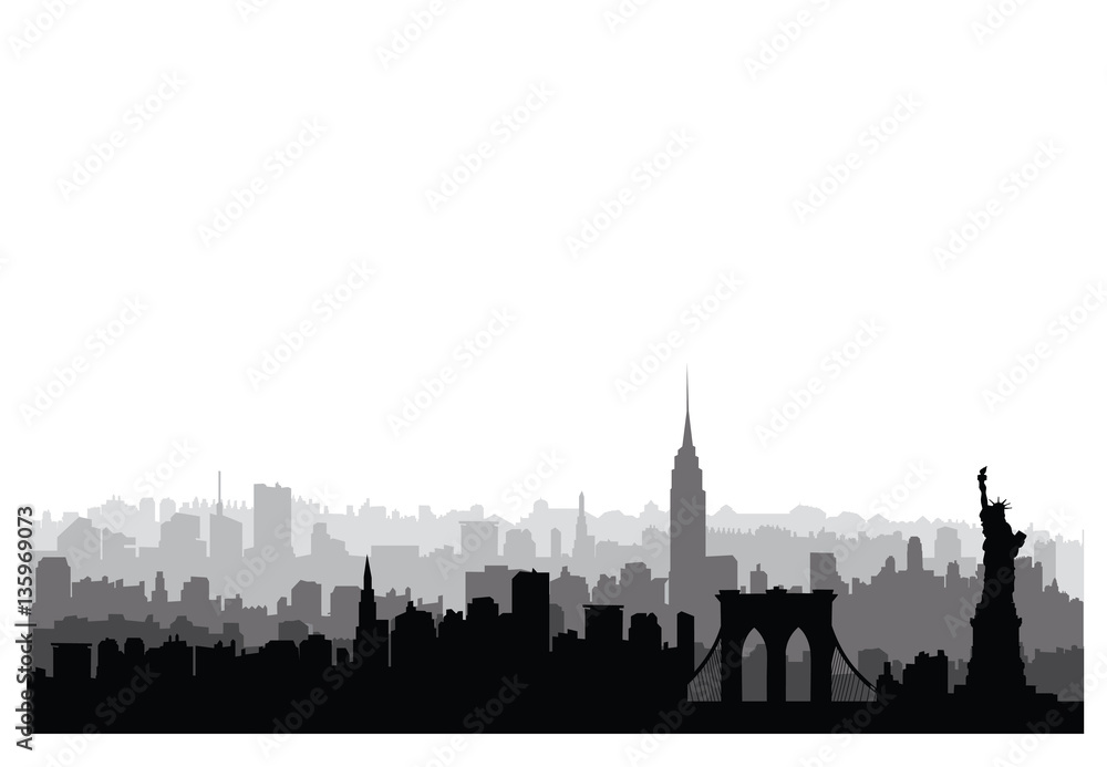 Fototapeta premium Sylwetka budynków Nowego Jorku. Amerykański krajobraz miejski. NYC skyline, USA zabytki