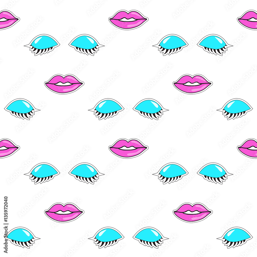 Seamless pattern with lips and eyes. Style of 80s-90s. Seamless pattern with lips and eyes. Style of 80s-90s.