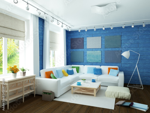 white sofa in large empty modern blue room with hardwood floor, large windows and white rug on floor photo