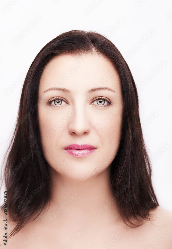 .Beautiful woman face close up studio on white background. .Beautiful woman face close up studio on white background.