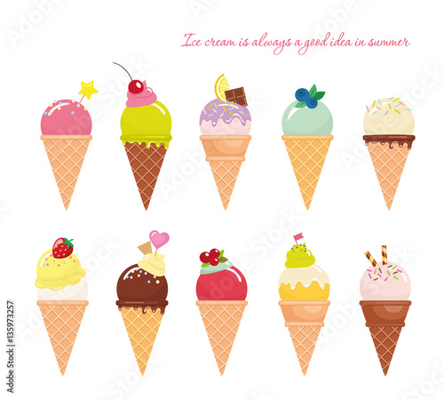 Ice cream cone set. Realistic. Bright and pastel colors. Isolated on white.