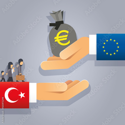 Illustration Flüchtlings-Deal EU Türkei mit Händen mit Geld und Flüchtlingen
