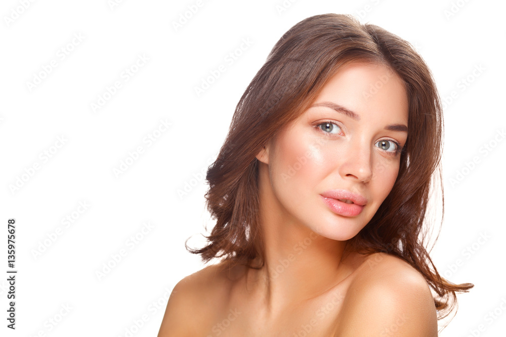 Close up portrait of beautiful young woman face. Isolated on white background.