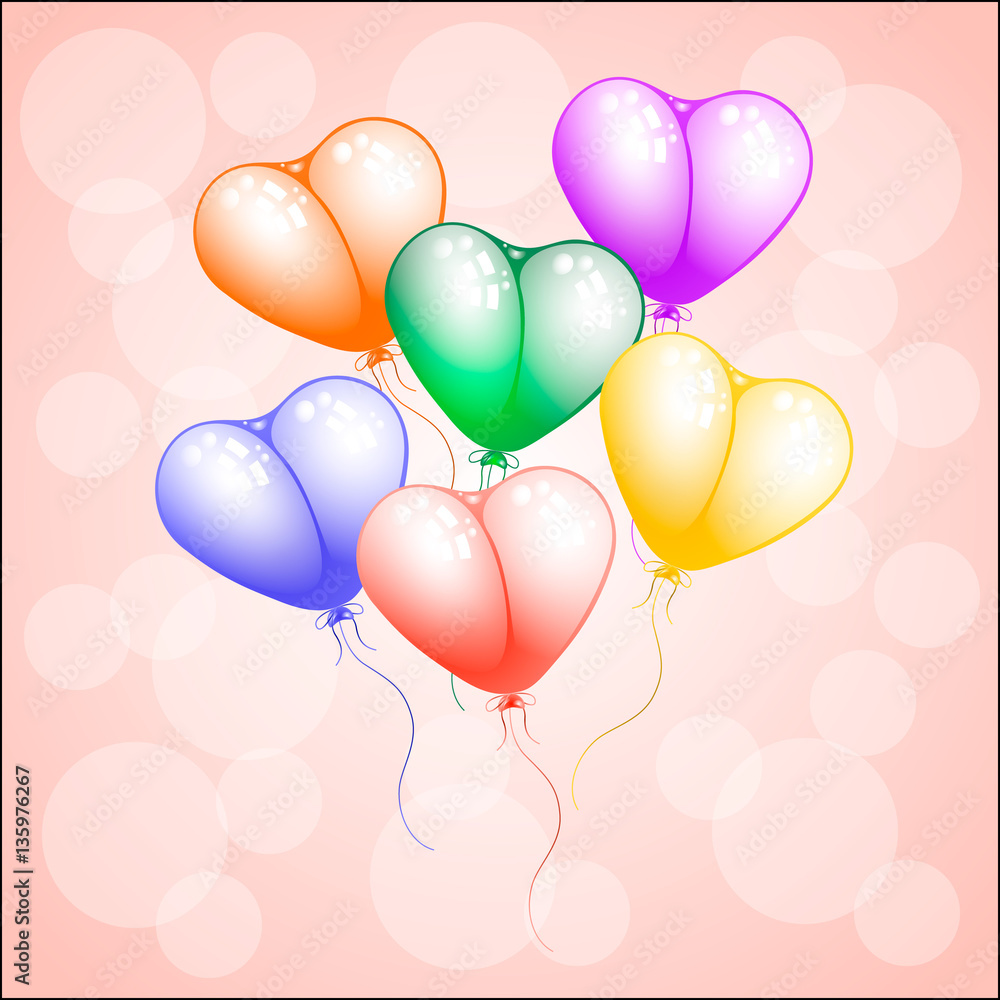 Vector flying colorful heart shape balloons on pink background