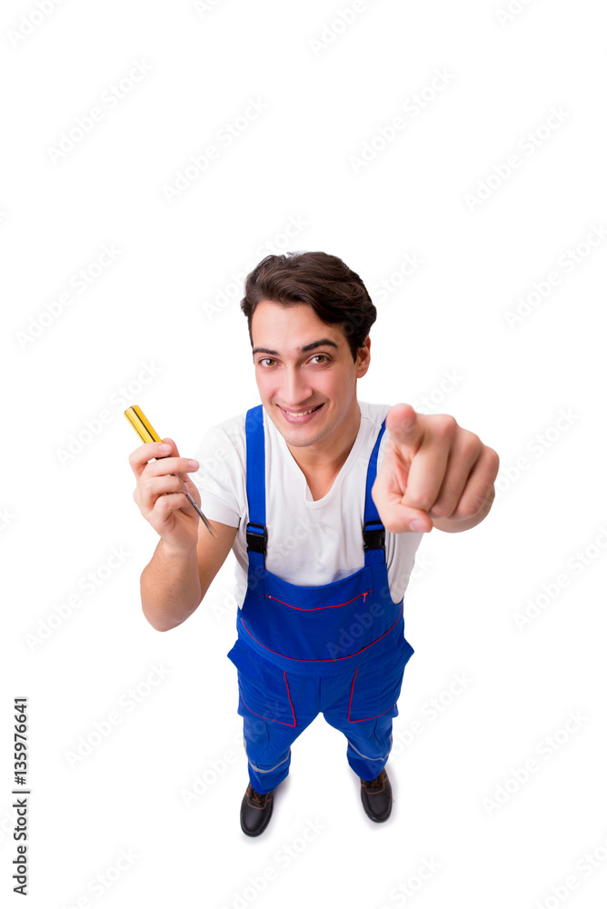 Funny repairman with tools isolated on white Funny repairman with tools isolated on white