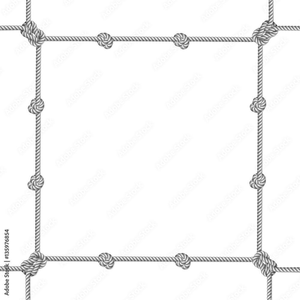 Gray rope woven vector border with rope knots, vector frame, isolated on white background Gray rope woven vector border with rope knots, vector frame, isolated on white background