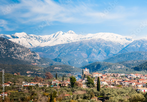 mountain village under the snow covered peak