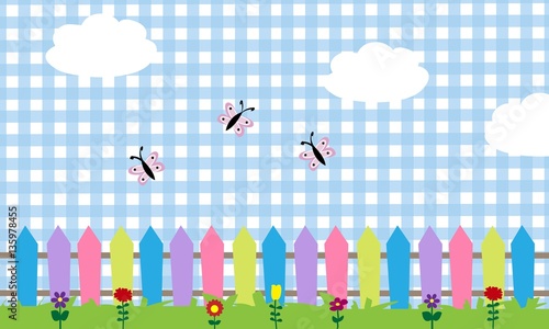 Valla de colores con flores, mariposas y nubes.