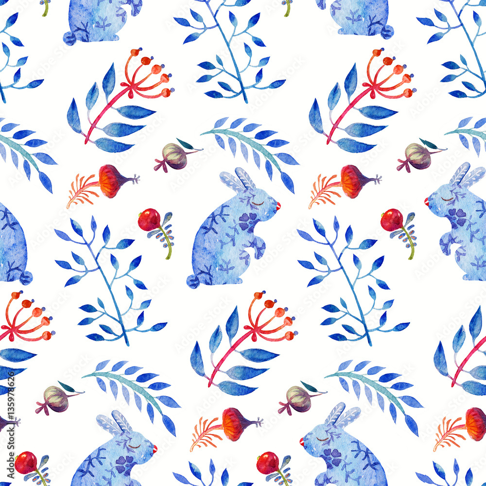Cute Lovely watercolor seamless floral spring tile with hares and leaves, berries and rose hips. Colorful animal Pattern Perfect for a happy Easter and textiles.