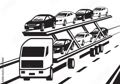 Canvas Print Car transporter truck on highway - vector illustration