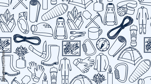 vector caving and climbing line icons background texture seamless pattern