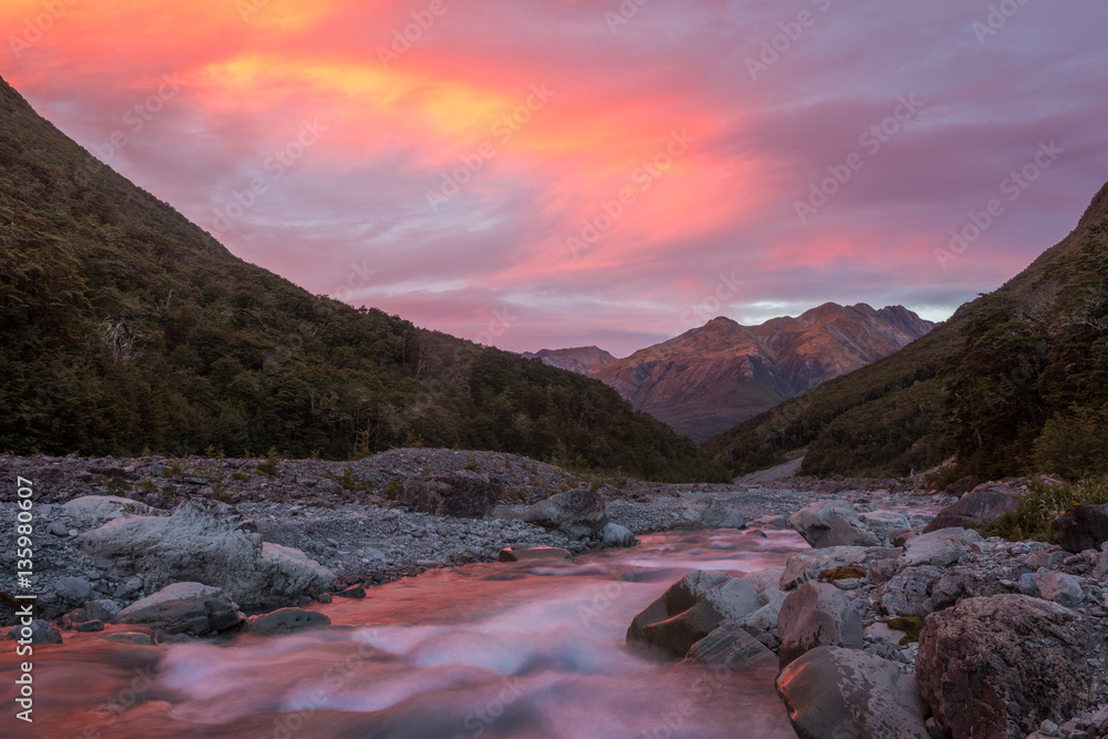 Sunrise at Crow River, Arthur's Pass National Park, New Zealand