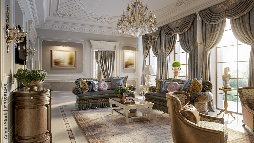 Luxurious baroque living room - obrazy, fototapety, plakaty 
