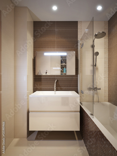 Modern bathroom interior with brown and beige tiles