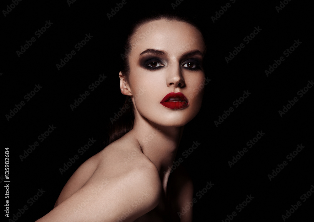 Beauty smokey eyes red lips makeup fashion model Beauty smokey eyes red lips makeup fashion model