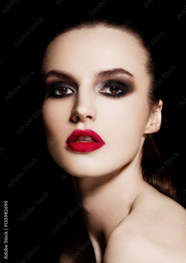 Beauty smokey eyes red lips makeup fashion model Beauty smokey eyes red lips makeup fashion model