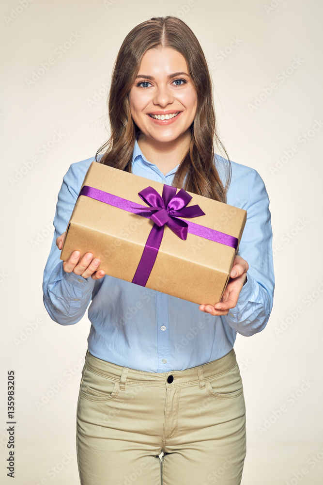 smiling business woman holding gift box smiling business woman holding gift box
