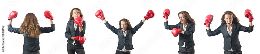 Young woman with boxing gloves isolated on white Young woman with boxing gloves isolated on white