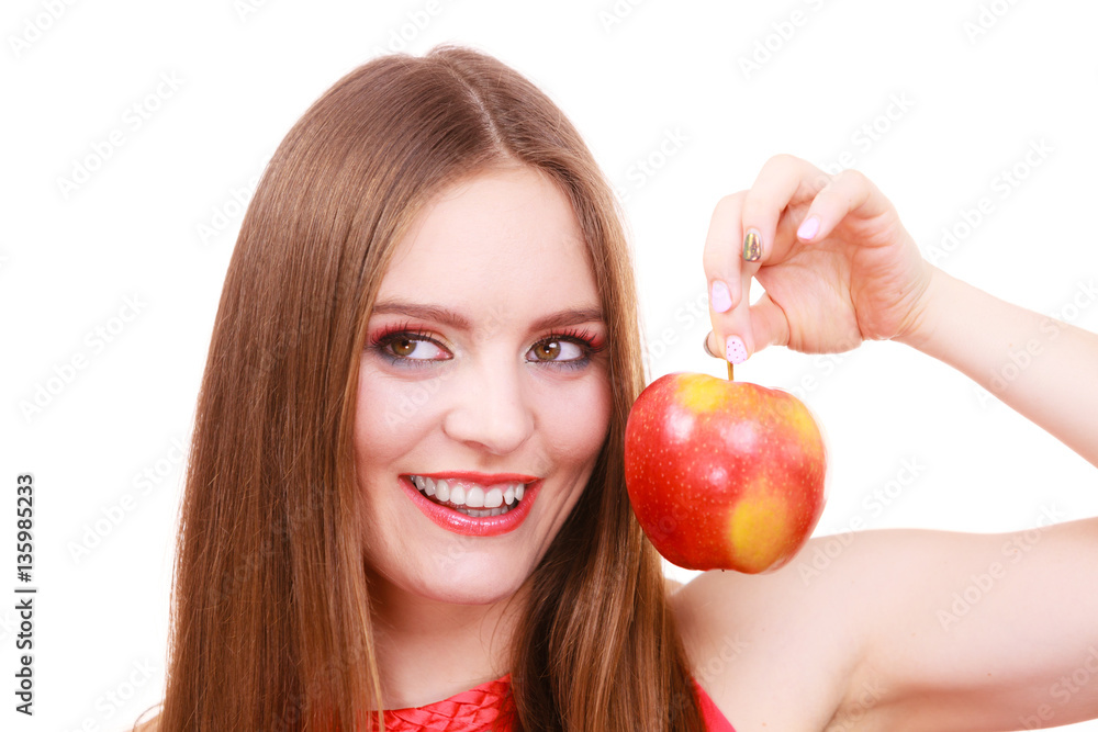 Woman charming girl colorful makeup holds apple fruit Woman charming girl colorful makeup holds apple fruit