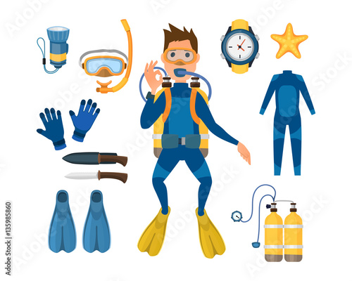 Spearfishing diving equipment vector set.