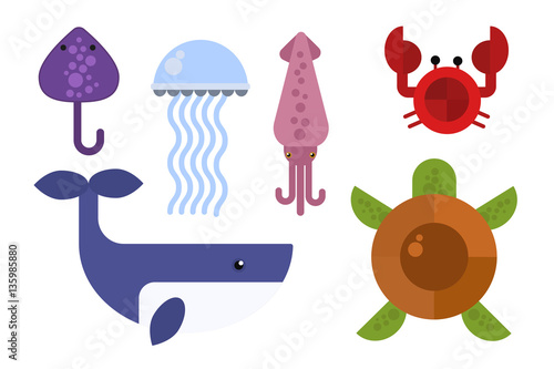 Sea animals marine life character vector illustration.