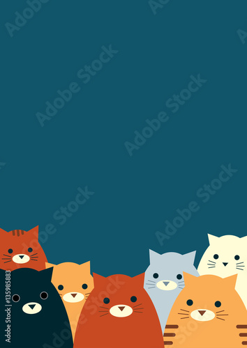 Vector illustration. Dark blue background with a group of seven cats in the bottom part of the page. Vertical format A4.