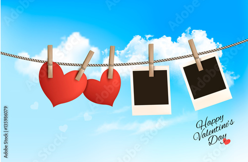 Background with two hearts and two photos. Valentine's day vecto