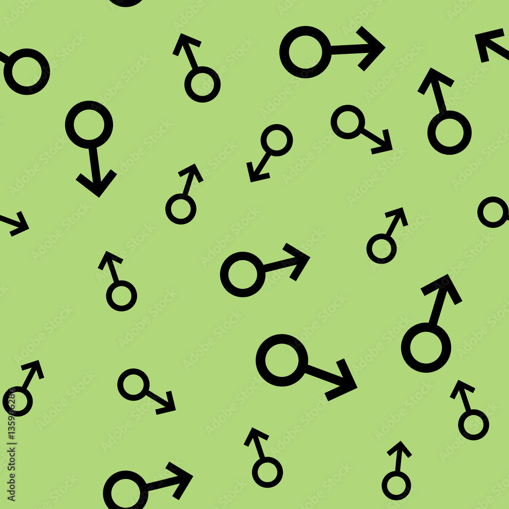 Seamless pattern with black male symbols. Male small signs different sizes. Pattern on light green background. Vector illustration Seamless pattern with black male symbols. Male small signs different sizes. Pattern on light green background. Vector illustration
