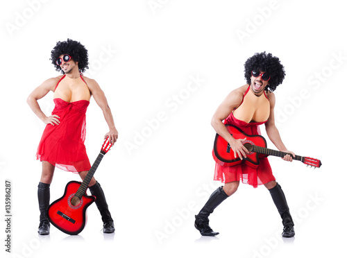 Man in woman clothing with guitar