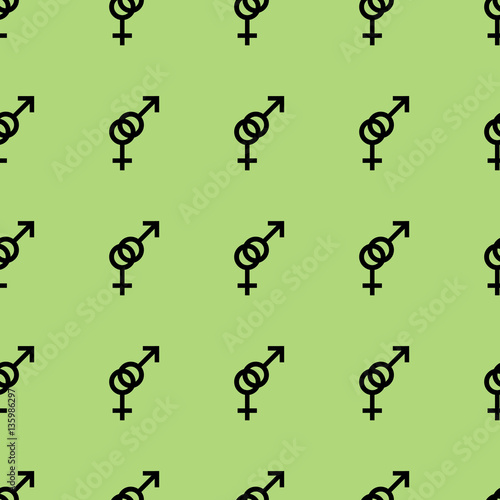 Seamless pattern. Female and male romantic collection. Female and male black small signs same sizes. Pattern on light green background. Vector illustration
