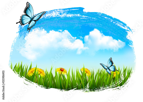 Nature background with green grass, flowers and a butterfly. Vec