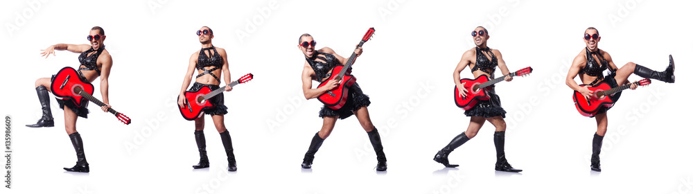 Man in woman clothing with guitar