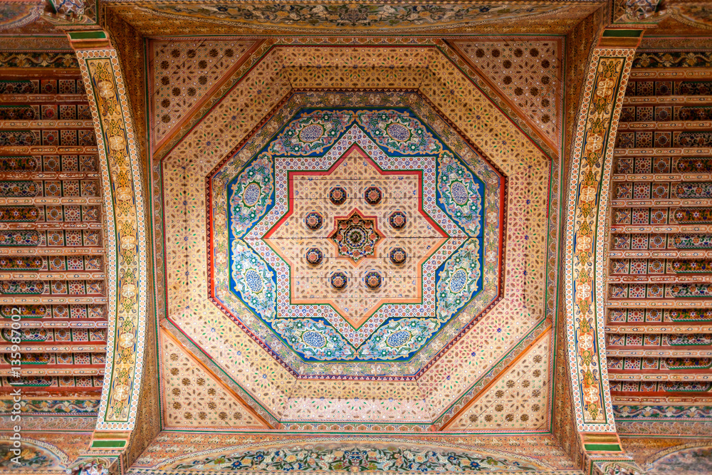 Amazing ornate wooden ceiling in the Bahia Palace of Marrakech, Morocco