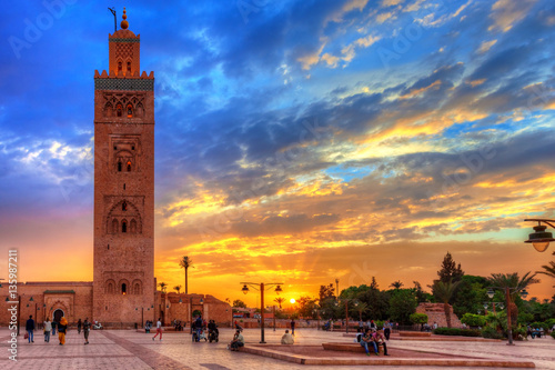 Koutoubia mosque at an amazing sunset. Marrakesh, Morocco photo