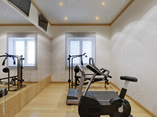 Home gym interior with fitness equipment