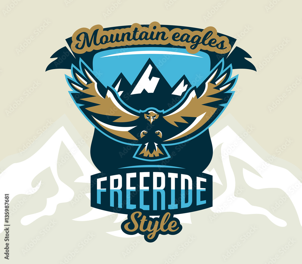 Logo Eagle Ride Logo, emblem of an eagle flying. Mountains, rocks. Badges shield ...
