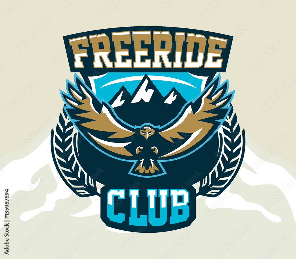 Logo Eagle Ride Logo, emblem of an eagle flying. Mountains, rocks. Badges shield ...