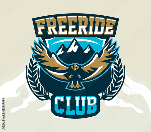 Logo, emblem of an eagle flying. Mountains, rocks. Badges shield, lettering. Vector illustration.