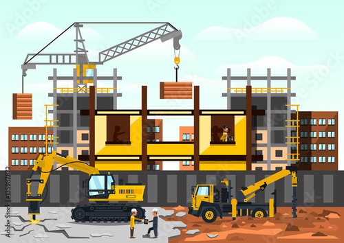 Vector illustration on the theme of a construction site. Construction of the building on background of the city. Construction crane, excavator drilling asphalt, truck, workers. Flat style