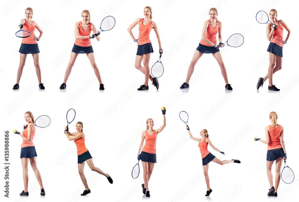 Young woman playing tennis isolated on white