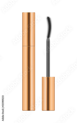 Realistic gold metallic tube with mascara and brush. 3d package. Container of cosmetic product for eye beauty. Vector illustration isolated on white background.