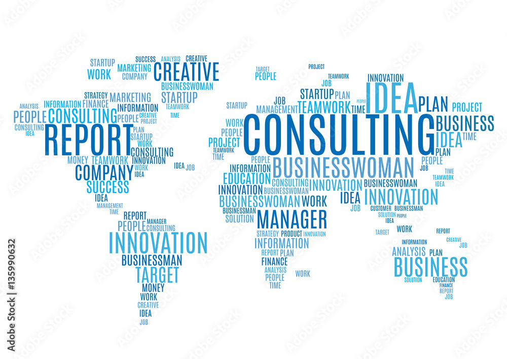 Cloud tags of marketing business words world map