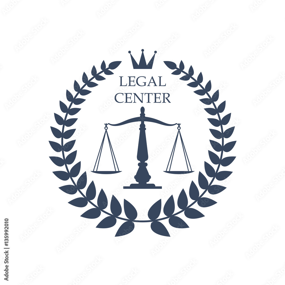 Legal center vector justice scales, laurel icon Legal center vector justice scales, laurel icon