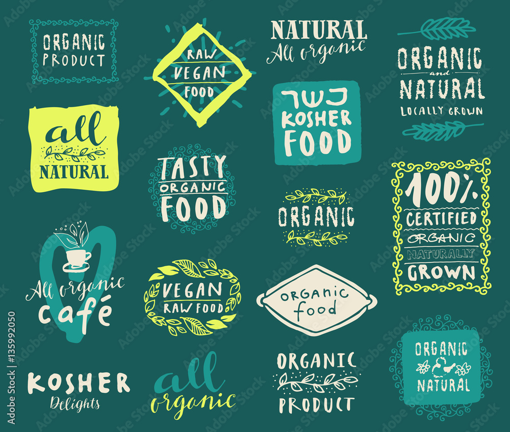 Set of organic food labels for vegetarian and kosher restaurants