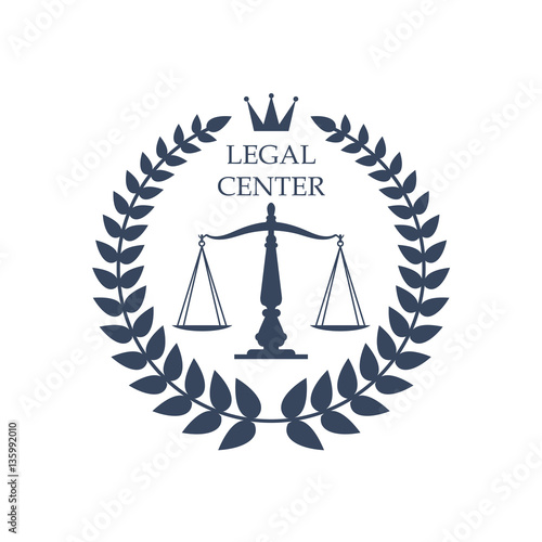 Legal center vector justice scales, laurel icon