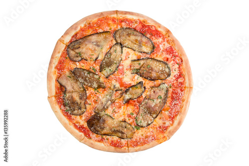 vegetable pizza with eggplant isolated on white top view photo