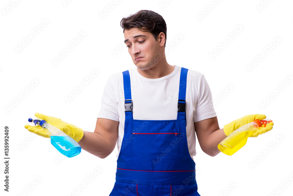 Man with cleaning agents isolated on white background Man with cleaning agents isolated on white background
